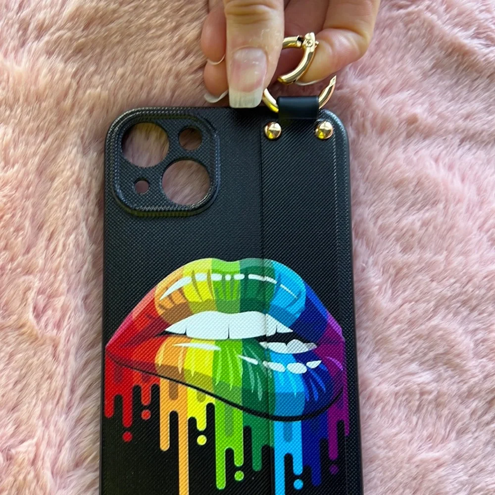 For iPhone 14 plus,14 pro max phone case with wrist strap kickstand keychain